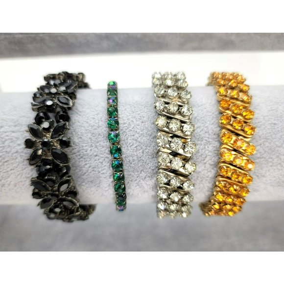 Rhinestone Beaded Stretch Bracelets Lot in Black Floral Silver Gold Green LI326 - Picture 8 of 8